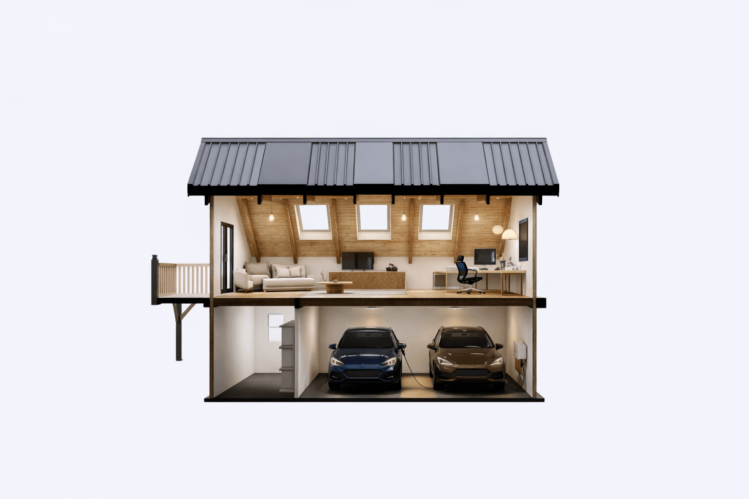 Practical small timber home workshop with open living and double garage