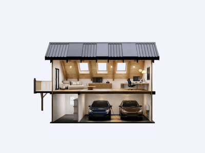 Practical small timber home workshop with open living and double garage