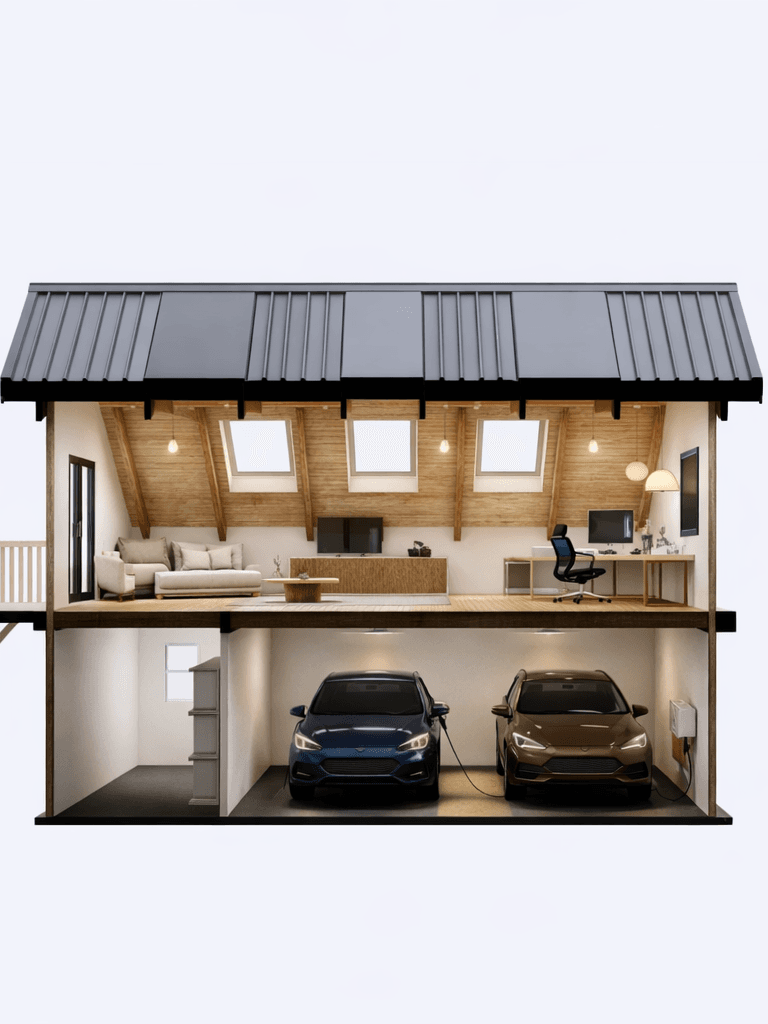 Practical small timber home workshop with open living and double garage