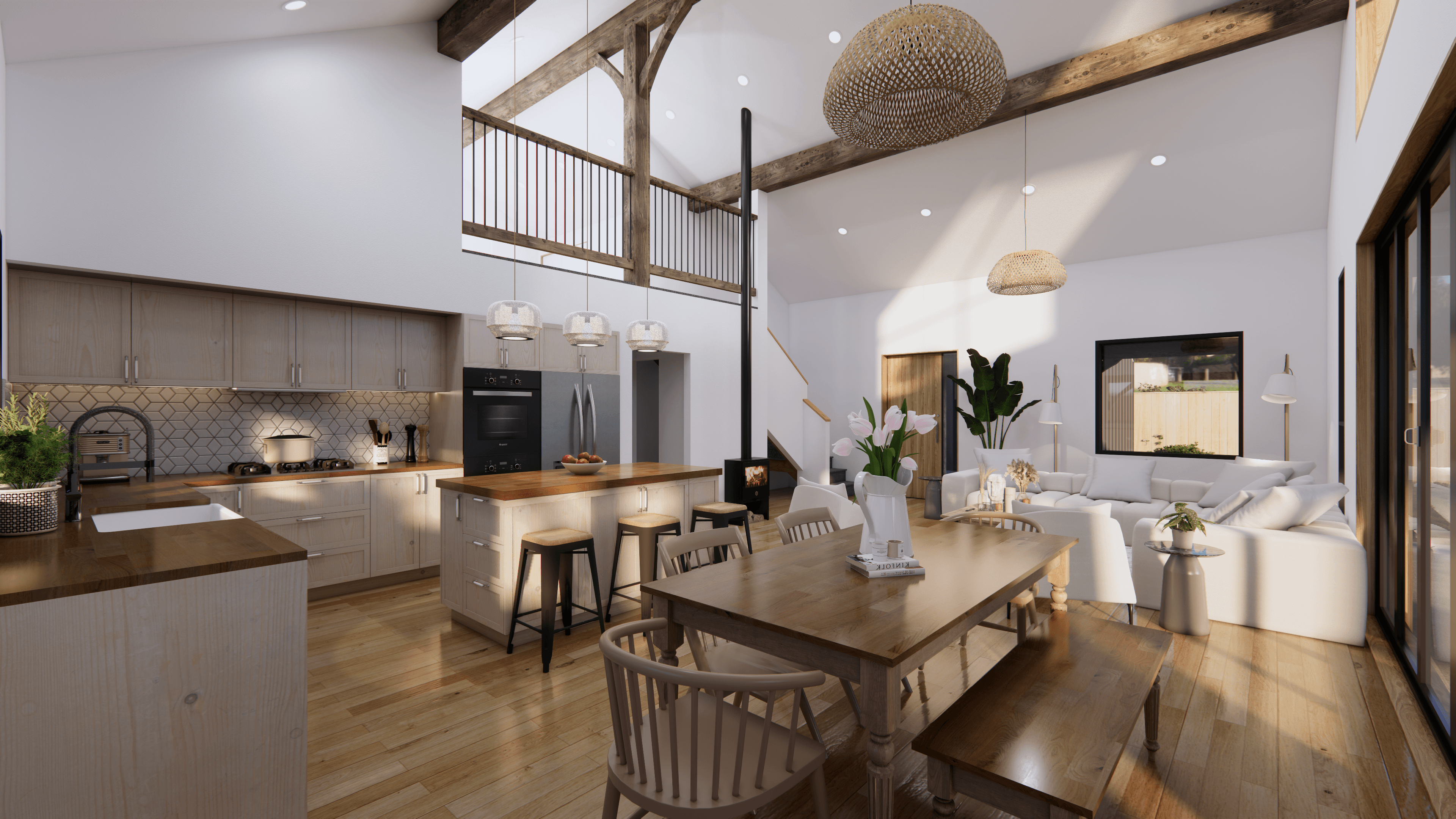 Interior of the affordable modern "hybrid barn home" by Heritage Timbercraft