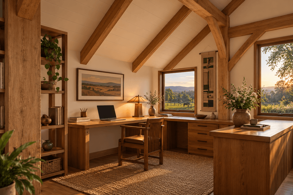 Sustainable timber frame barn home with large downstairs studio space for art, hobbies, work and recreation and upstairs office by Heritage Timbercraft