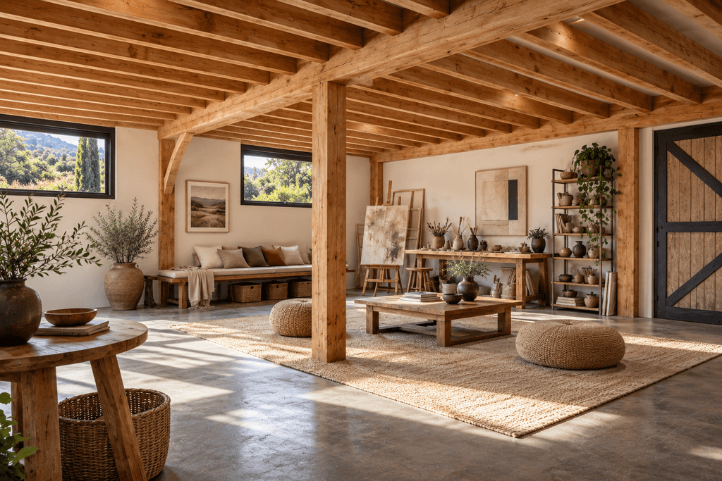 Downstairs artist studio in a versatile timber frame barn home designed for creative and multi-purpose use