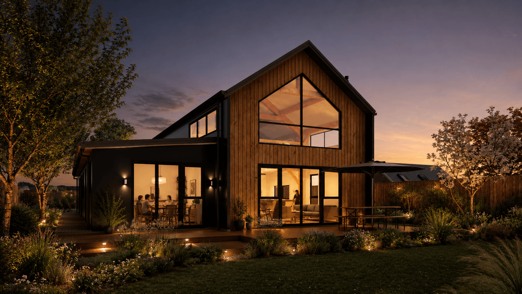 Refined two-storey barn home with energy-efficient SIP panels, open-plan living, and seamless indoor-outdoor flow