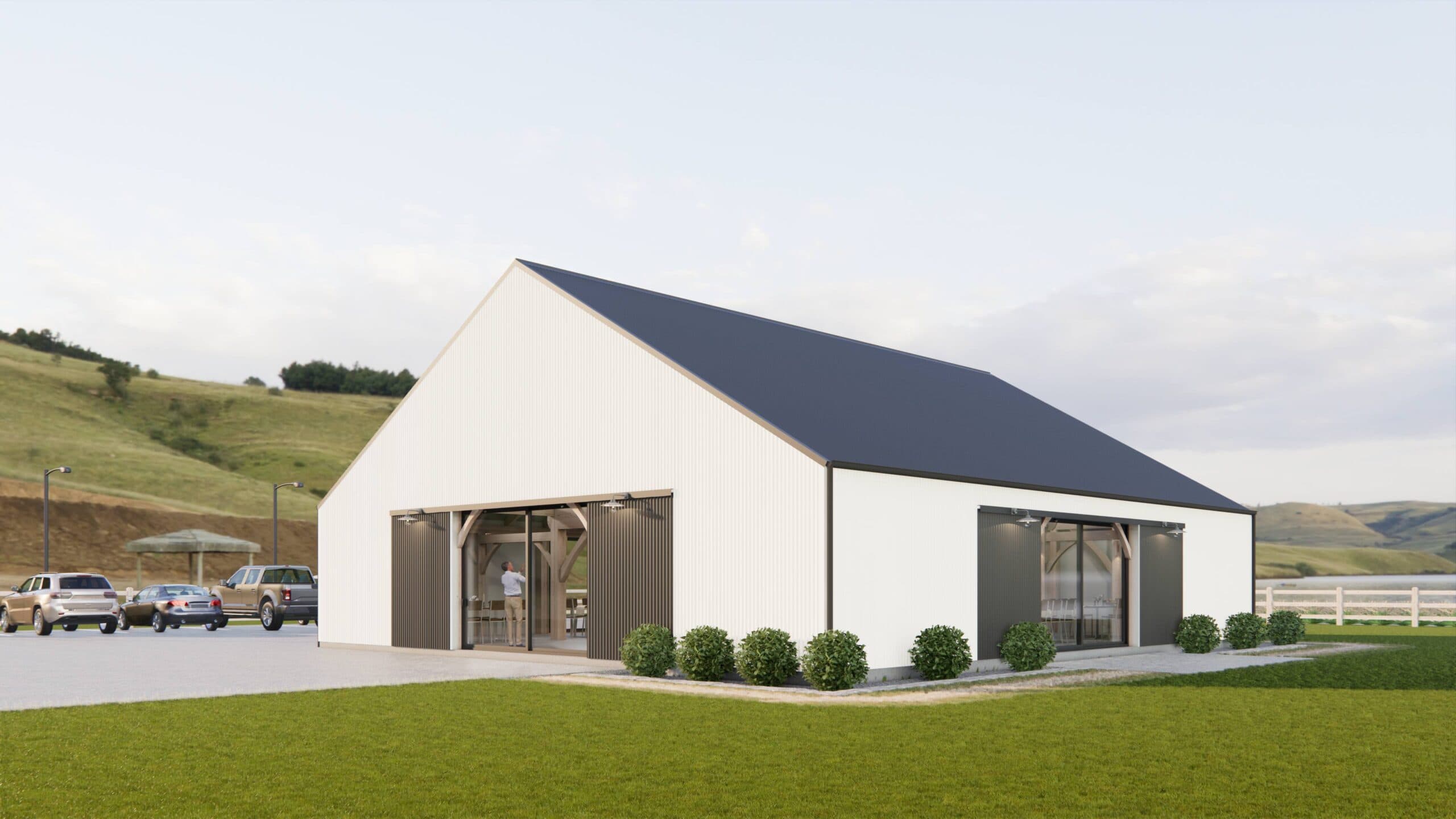 High-end venue barn in NZ with dramatic timber trusses and spacious entertaining area