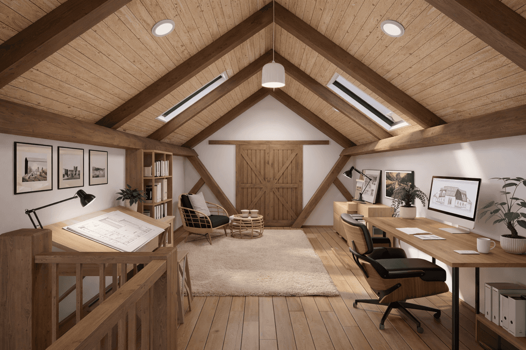 Single level barn house design with upstairs office