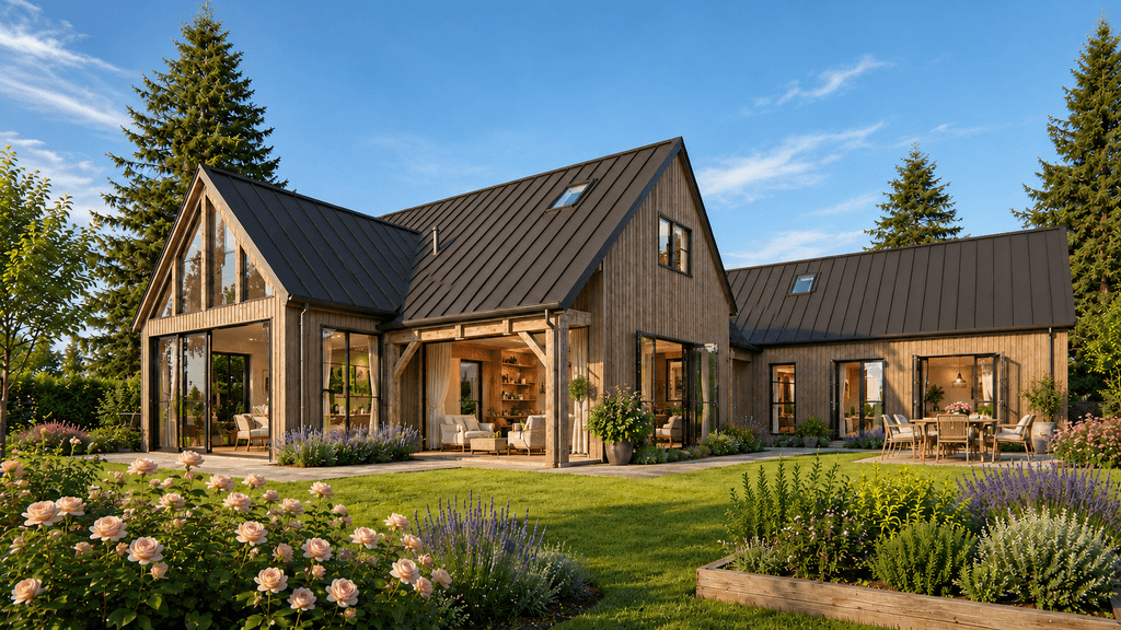 High-end timber frame barn home with traditional mortise and tenon joinery