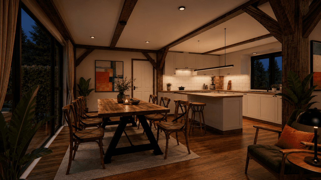 Architectural timber frame home with classic carriage house style - kitchen and dining area