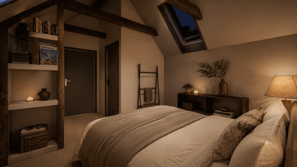 Bespoke timber frame bedroom inspired by historic English coach houses