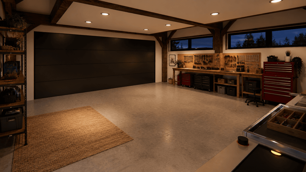 Large double garage attached to premium post and beam carriage house built using mortise and tenon construction