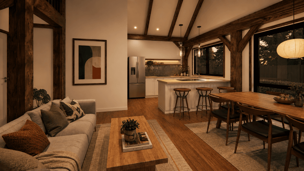 Traditional English carriage house interior reimagined as a modern family home