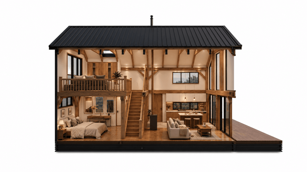 Double-storey timber barn home with dedicated home office loft cross section