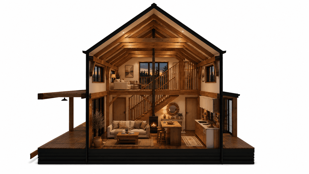 Open-plan New Zealand barn home with mezzanine office and exposed timber cross section
