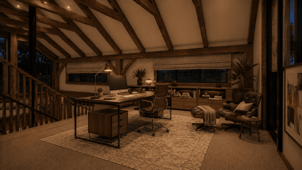 WFH office, rustic modern NZ barn home with work-from-home loft space