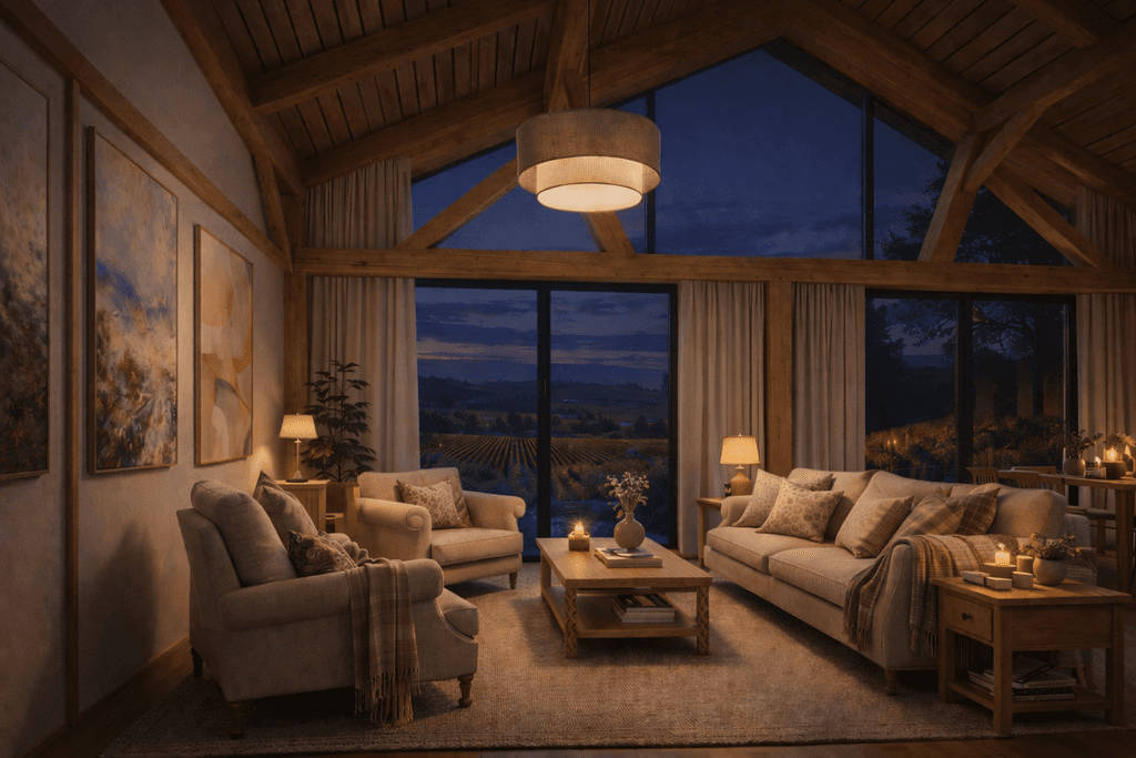 Modern English cottage style living room in a timber frame barn home with exposed timber beams, neutral linen furniture and large windows