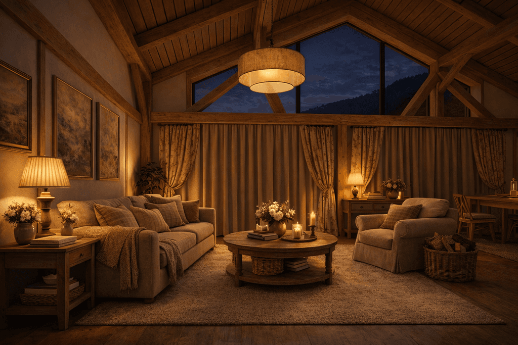 Modern barn-style timber frame living space with natural wood finishes and expansive rural New Zealand countryside views