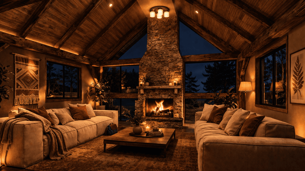 Single level barn house design with open plan living warm ambient lighting great for entertaining