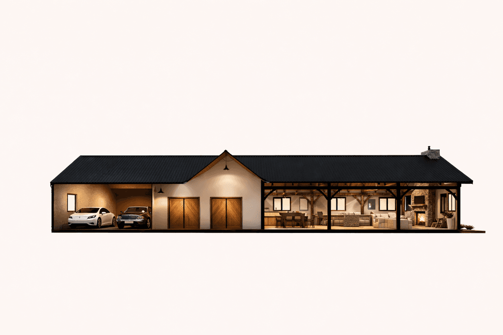 Modern barn style home with expansive front living area cross sectional