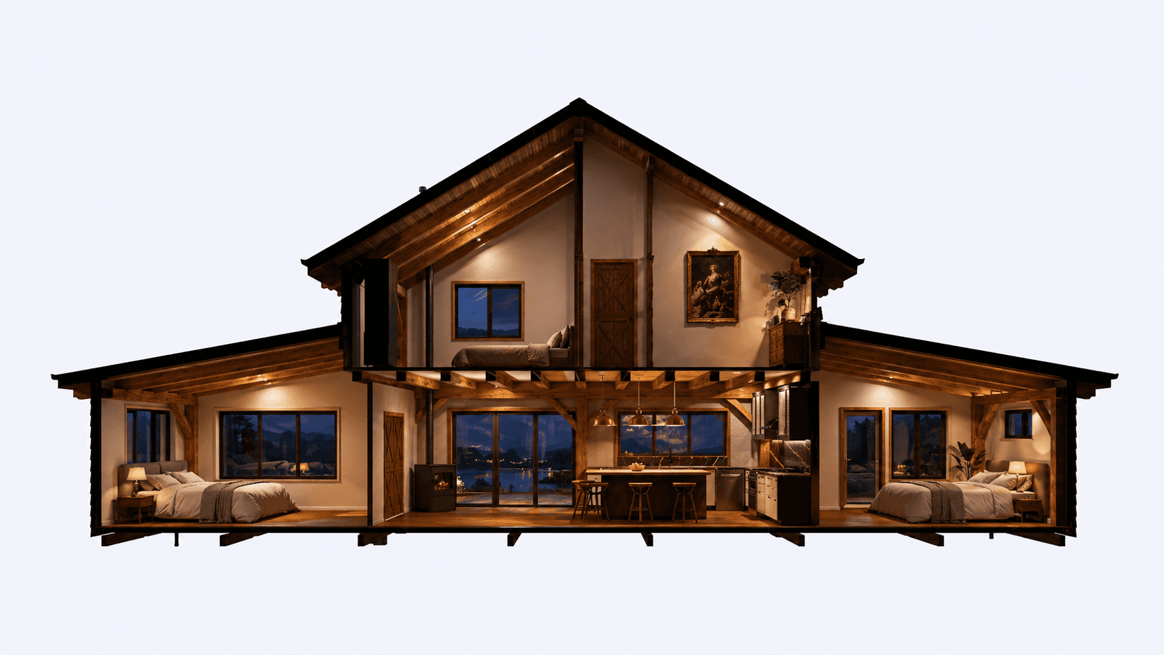 246m2 timber frame family home with cathedral ceilings and covered outdoor living cross section