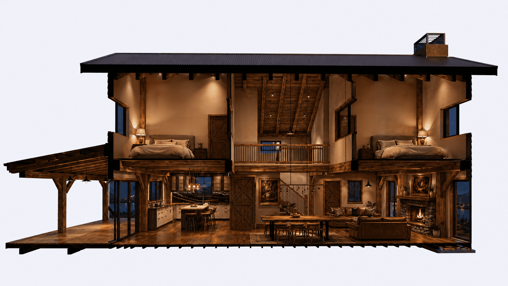 Double storey King Post timber frame home with wide verandas and rural barn-style architecture cross section