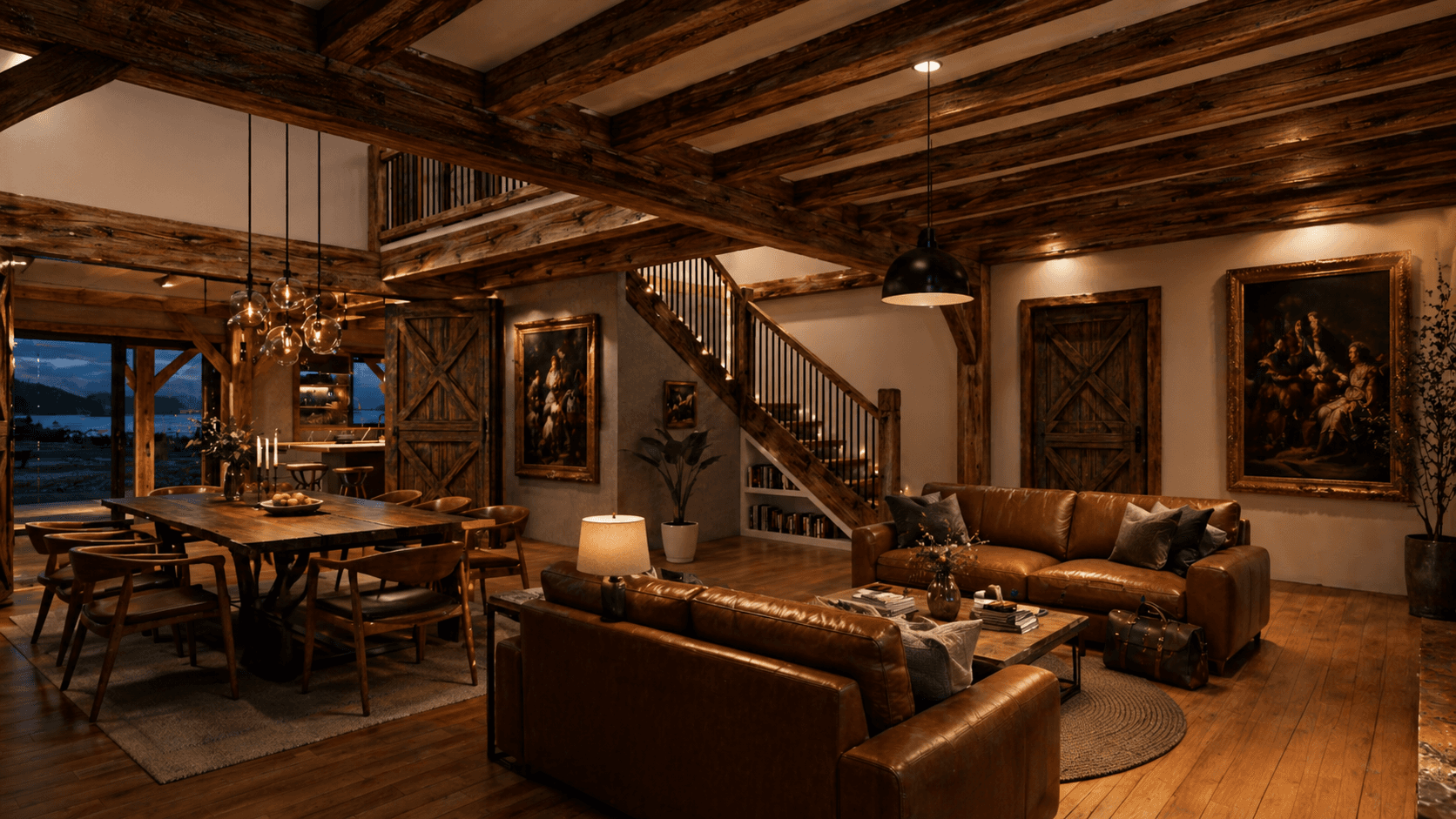 Rustic modern timber frame home designed for large family living and entertaining interior