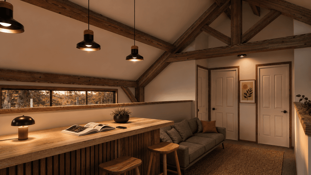 Contemporary timber frame home NZ featuring exposed post and beam construction and adaptable interior layout with loft