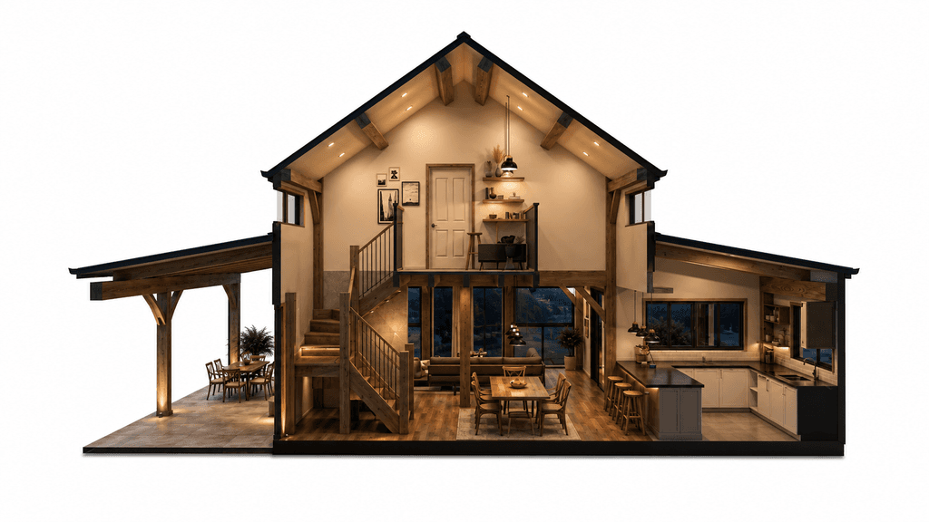 Custom timber frame house with traditional post and beam craftsmanship and modern country home design cross section