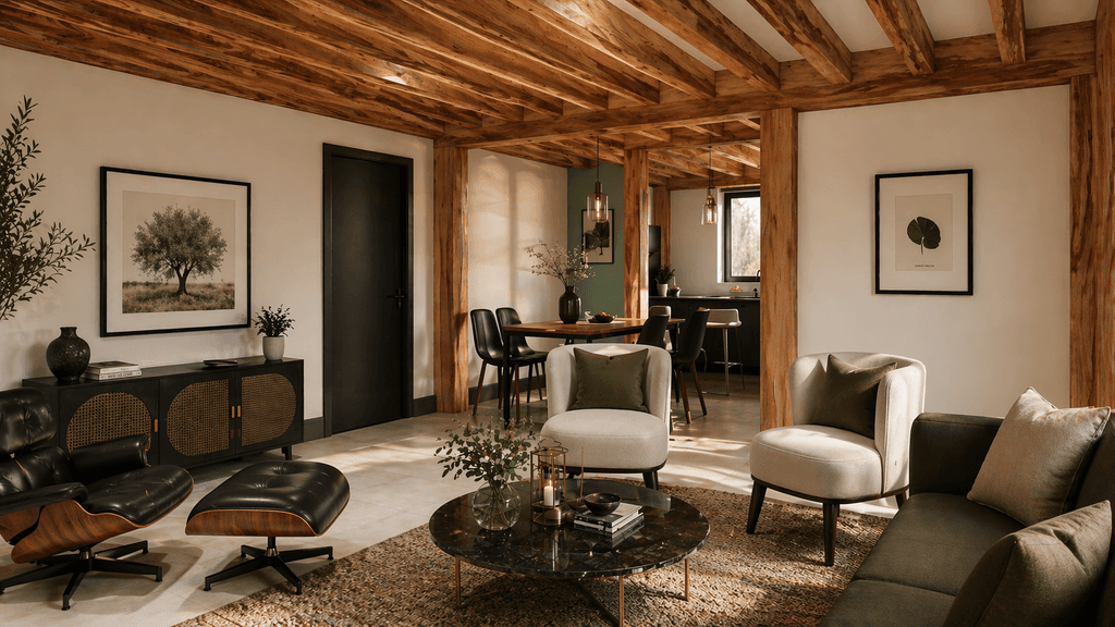 Spacious open-plan living and dining area inside a contemporary timber frame barn home