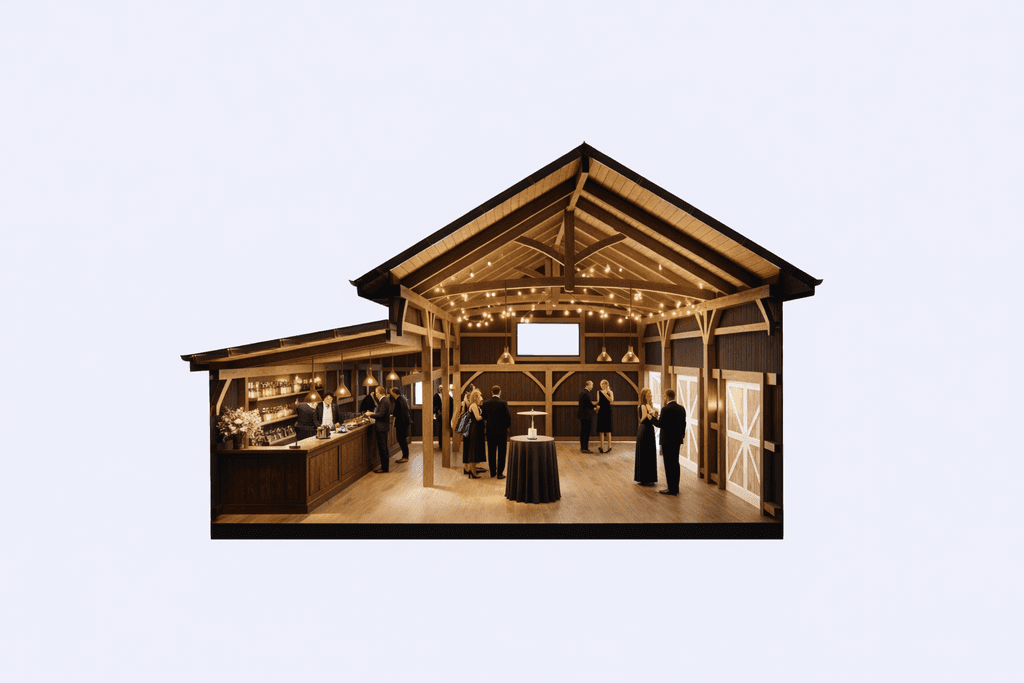 Single storey barn tasting room interior timber beams cross section