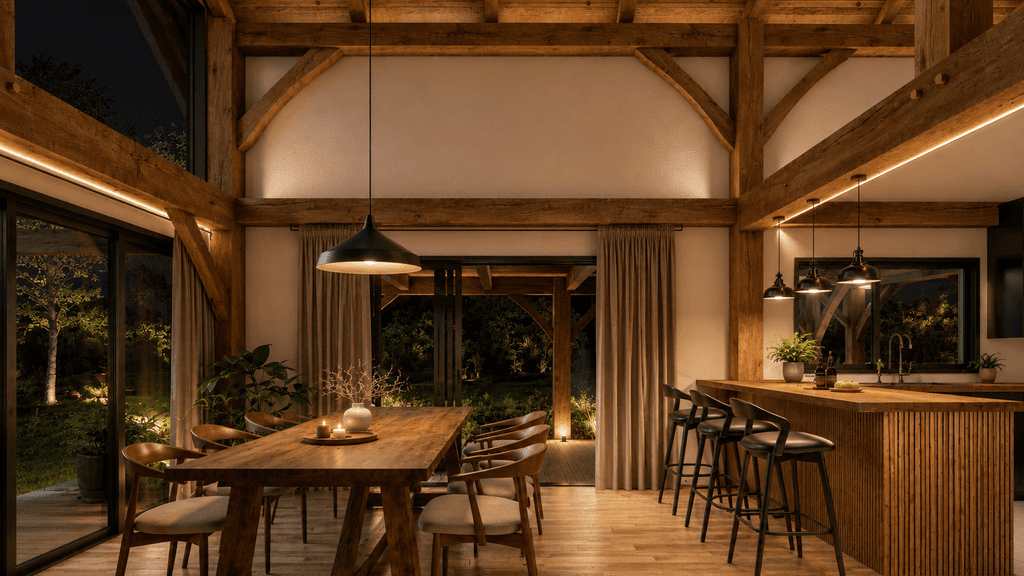 New Zealand timber barn home kitchen and living area showcasing traditional post and beam craftsmanship and contemporary country design