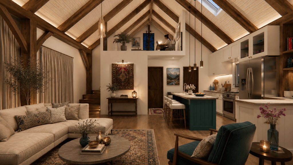 Compact barn-style home with open-plan living and handcrafted Douglas-fir timber frame