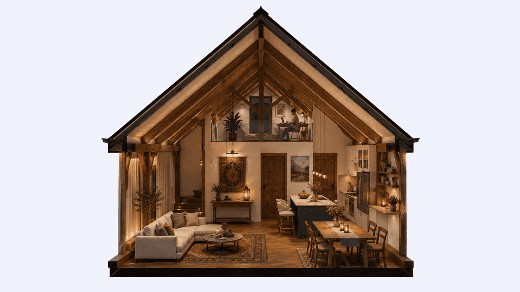 Elegant timber frame home with cathedral ceiling, exposed beams and modern country interior