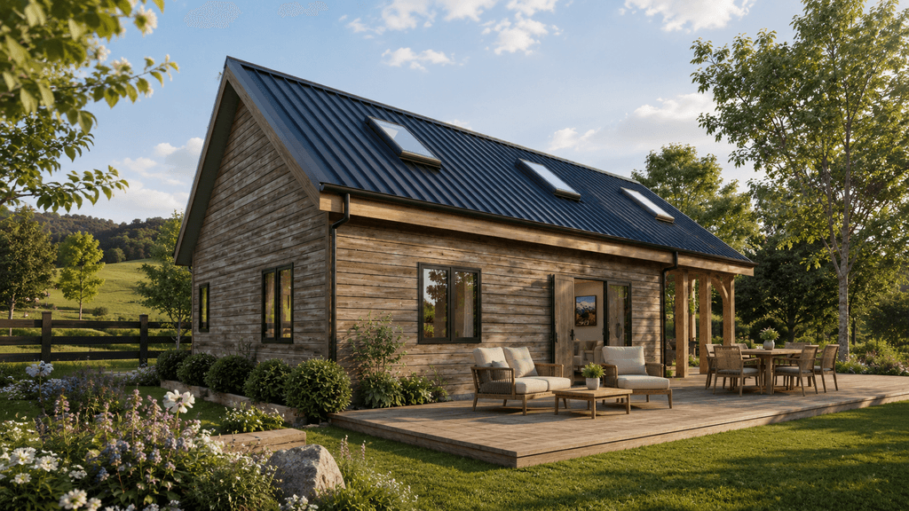 95m² handcrafted Douglas-fir timber frame barn home with versatile mezzanine loft in New Zealand - side view