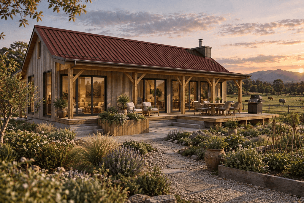 Small cosy NZ timber frame home with Douglas-fir vertical cladding, rural garden and outdoor living area