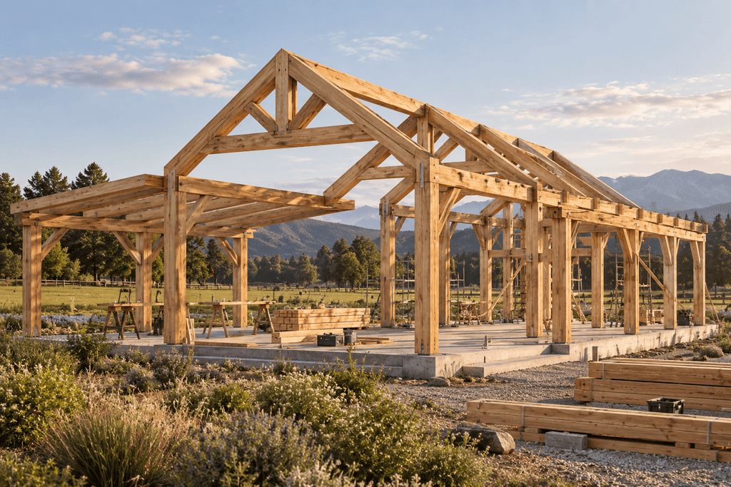 Douglas-fir timber frame home under construction on a rural lifestyle property in New Zealand
