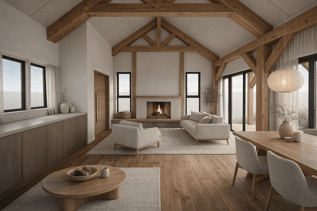 Open plan timber home interior with fireplace and Scandinavian Japanese styling