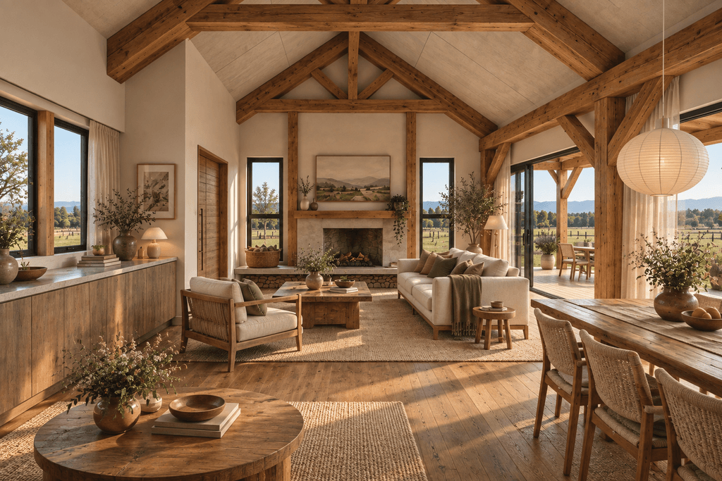 NZ timber frame home interior with exposed Douglas-fir beams, open-plan living - Heritage Timbercraft
