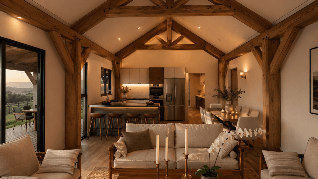 Cosy 100m² timber frame house with vaulted ceiling and exposed beams