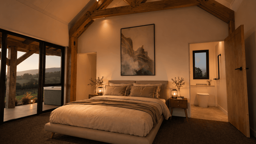 Small luxury timber frame home with open-plan living and kitchen