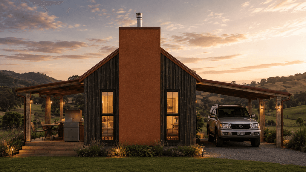 Timber frame holiday home with elegant rustic interior and fireplace