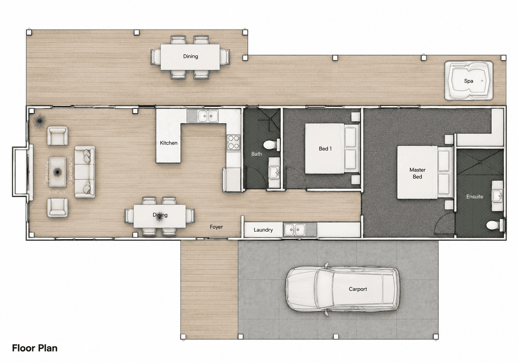 Compact high-end timber frame home for downsizers and holiday living floor plan