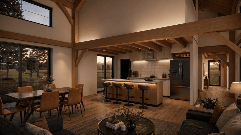 Three bedroom timber frame barn home with exposed Douglas-fir structure