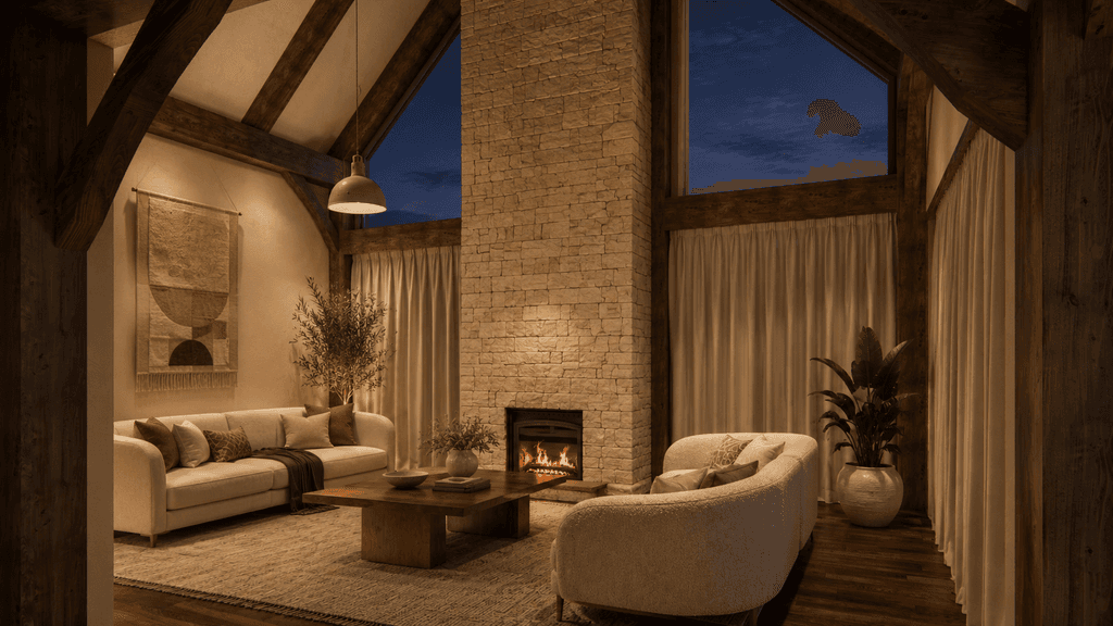Architectural timber frame barn home living area in New Zealand built with premium post and beam construction and sustainable timber with limestone chimney