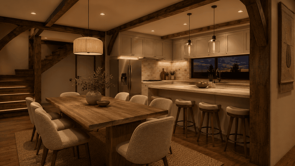 Modern New Zealand barn house kitchen with exposed timber frame, cathedral ceilings and traditional craftsmanship