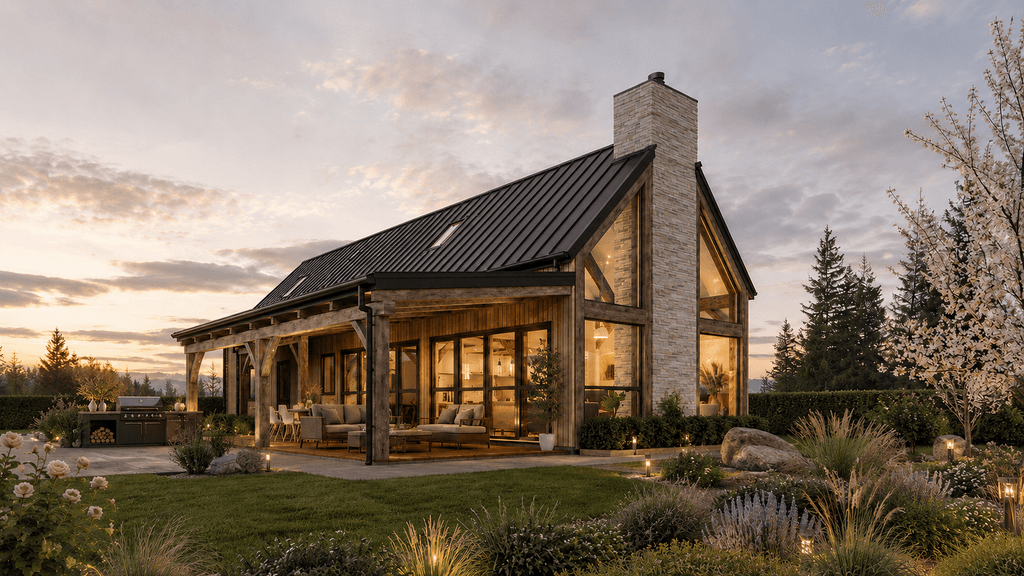 Modern New Zealand barn house with exposed timber frame, cathedral ceilings and traditional craftsmanship