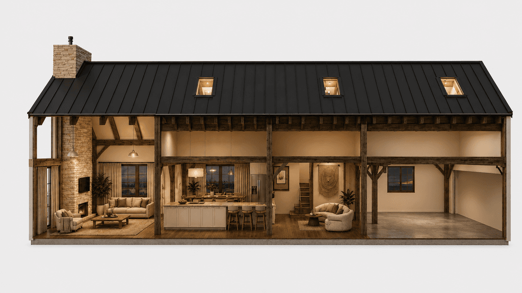 Cross section of timber frame barn home in NZ featuring traditional mortise and tenon timber craftsmanship