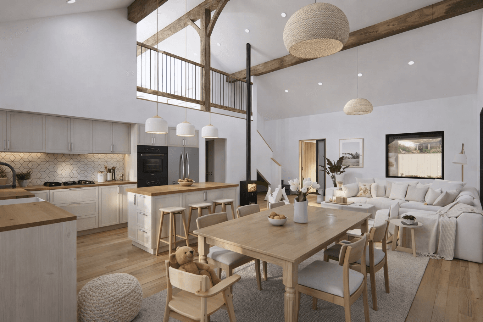 Contemporary affordable barn home interior inspired by classic agricultural barns.