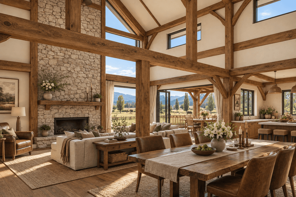 NZ timber frame barn home interio with traditional mortise and tenon joinery