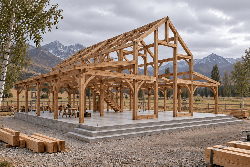 Sustainable timber barn home under construction in the Mackenzie Country high country