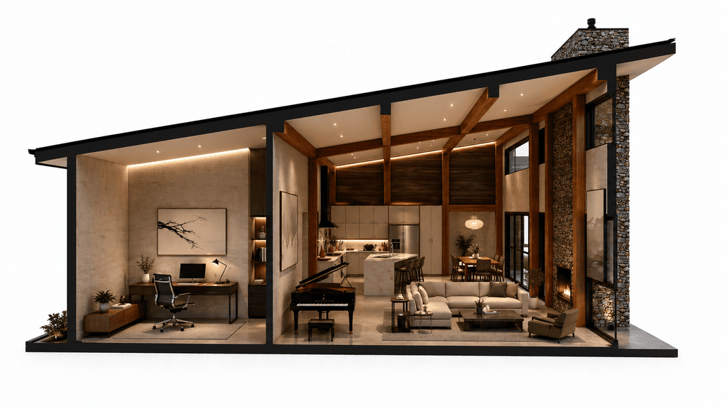 Large modern monopitch timber home with open plan living and natural timber detailing cross section