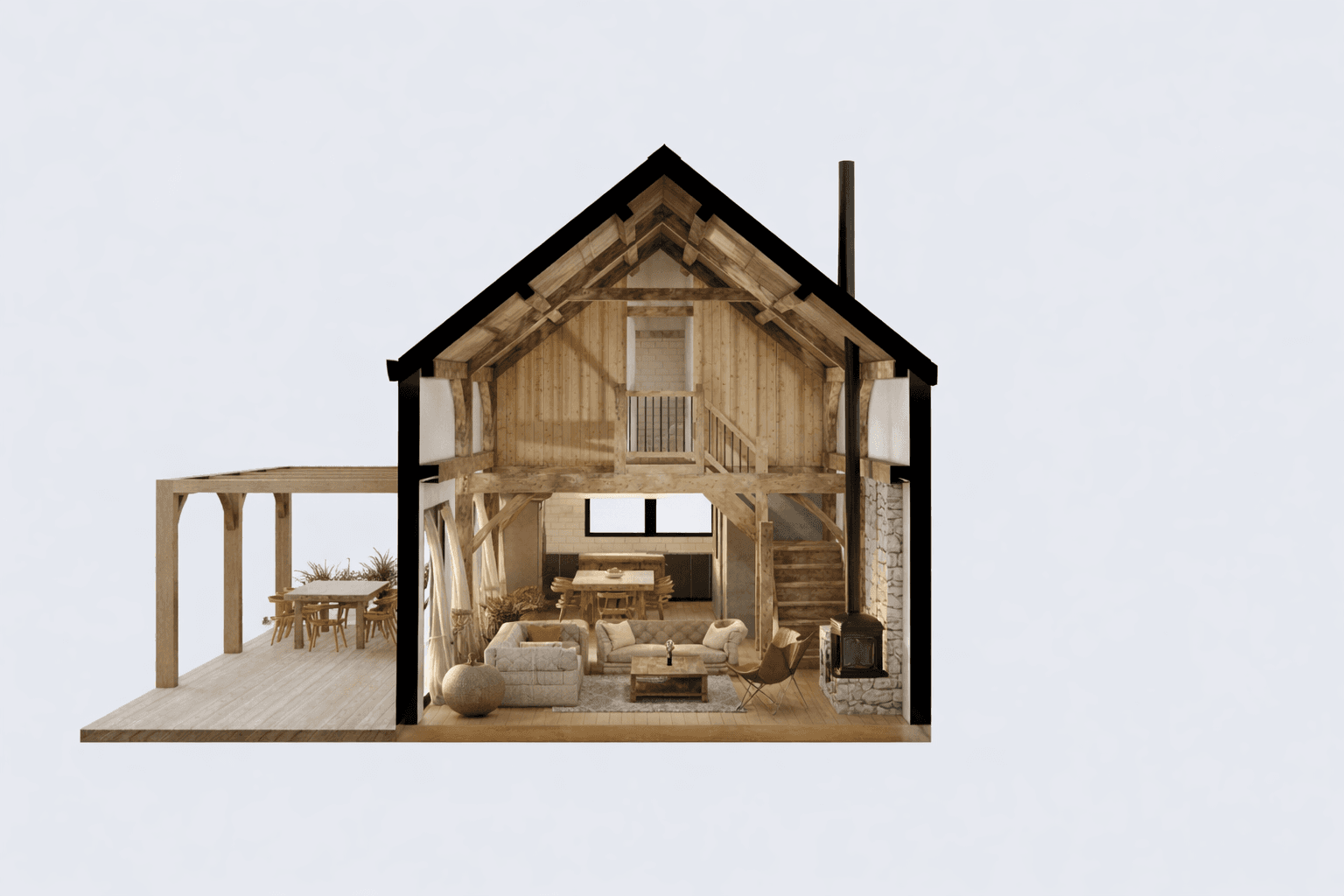 Luxury timber frame barn house with warm ambient interior lighting and minimalist wabi sabi styling